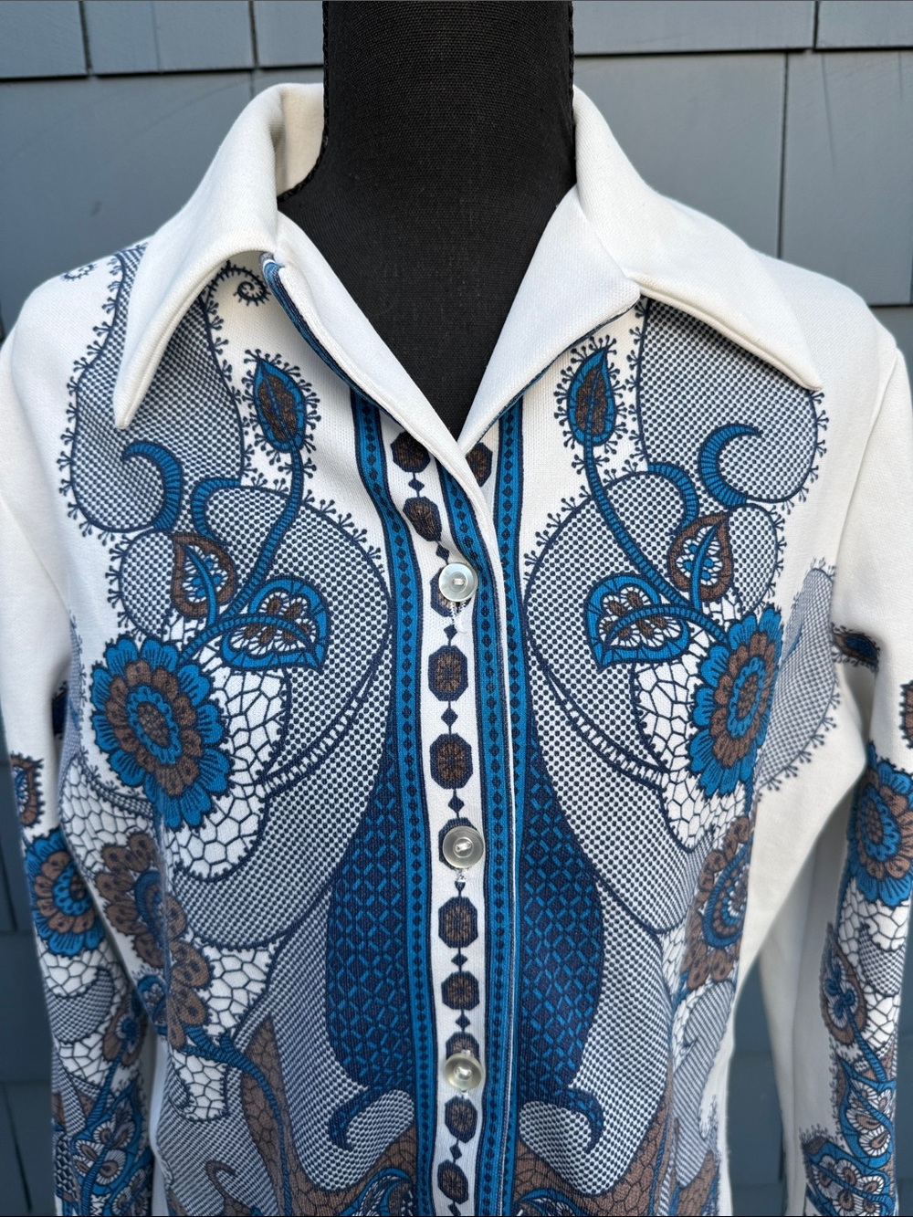 Vintage Blue and Brown Floral Button-Down Knit Shirt polyester top blouse - Picture 2 of 9